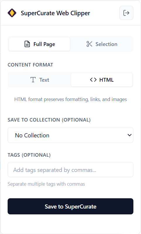 SuperCurate Web Clipper extension interface
